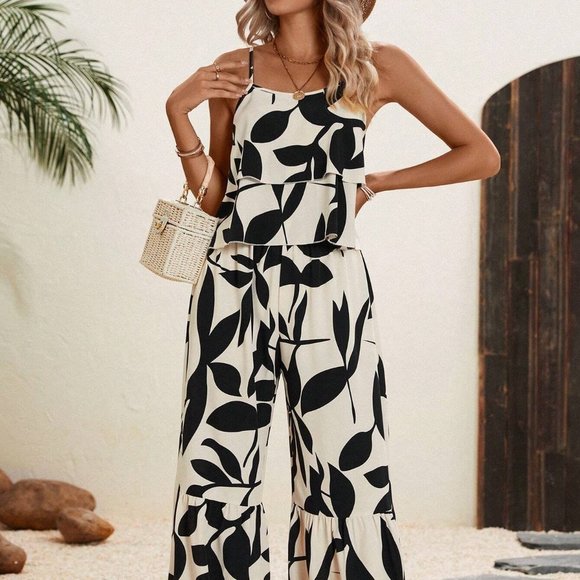 White And Black Boho Womens Plants Print Cami Top & Wide Leg Pants - Picture 5 of 5